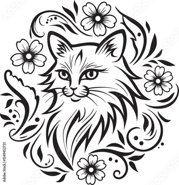 Obraz A cat is sitting in the flower garden, vector graphic design