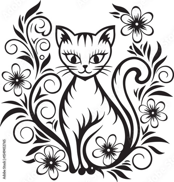 Obraz A cat is sitting in the flower garden, vector graphic design