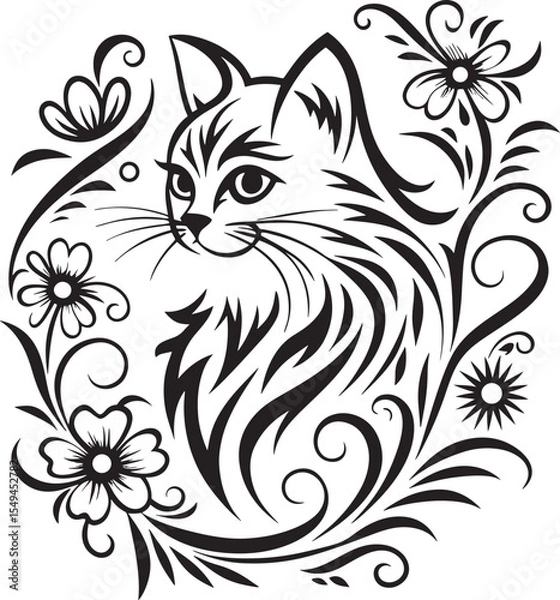 Obraz A cat is sitting in the flower garden, vector graphic design