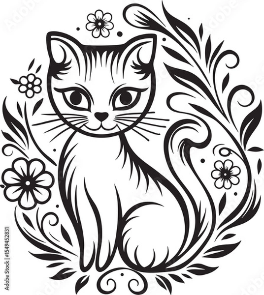 Obraz A cat is sitting in the flower garden, vector graphic design