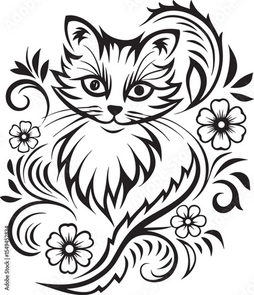 Obraz A cat is sitting in the flower garden, vector graphic design