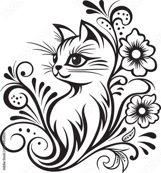 Obraz A cat is sitting in the flower garden, vector graphic design