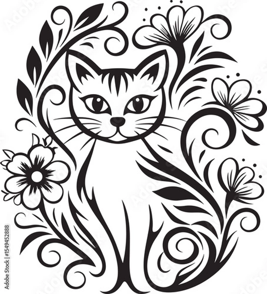 Obraz A cat is sitting in the flower garden, vector graphic design