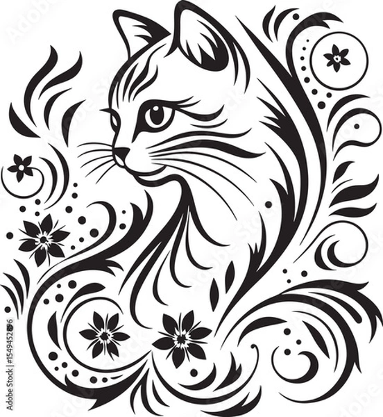 Obraz A cat is sitting in the flower garden, vector graphic design