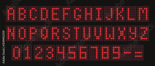 Obraz Red Digital Dotted Font with Alarm Clock Letters, Electronic Alphabet, Retro Calculator Symbols, Monitor Characters, and Scoreboard Digits. Vector EPS 10