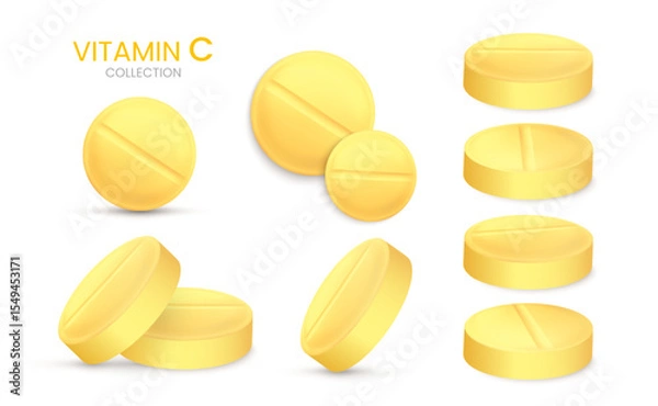 Obraz Vitamin C realistic pills isolated on white background. Medical Pill, Capsule, Tablet, medicine drug Collection. 3D vector illustration