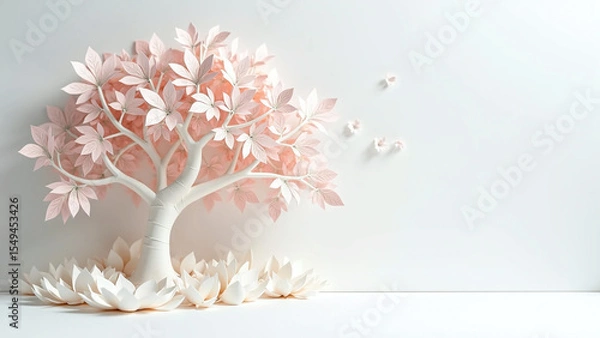 Obraz Elegant paper tree with pastel pink leaves and soft floral details.