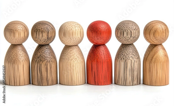 Fototapeta A single red wooden figure stands out from a row of different colored wooden figures
