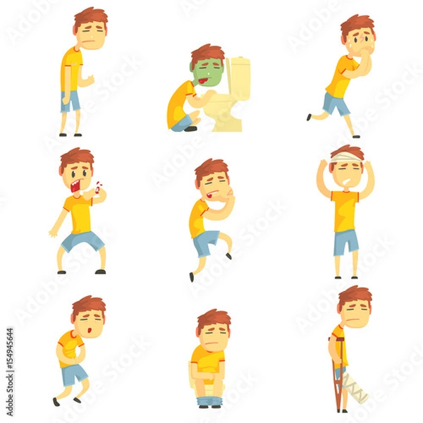 Obraz Men with pain and diseases set. Sick people colorful cartoon characters vector Illustrations