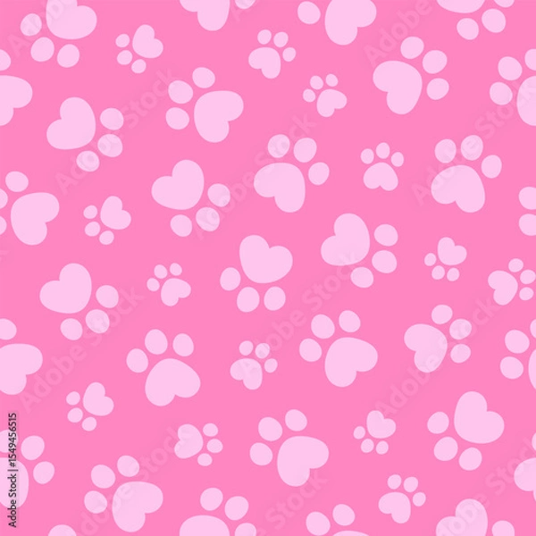 Fototapeta Seamless pattern with cute paws cats or dogs. Hand drawn fun childish print. Monochrome print. Pink colors. Vector illustration
