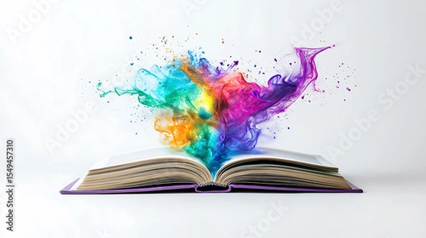 Fototapeta An open book releasing vibrant, colorful smoke against a white background