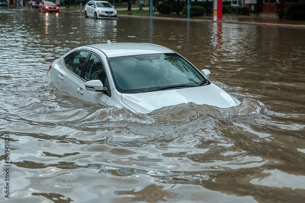 Obraz Car Submerged in Flooded City Street for Climate Change and Disaster Relief Campaigns