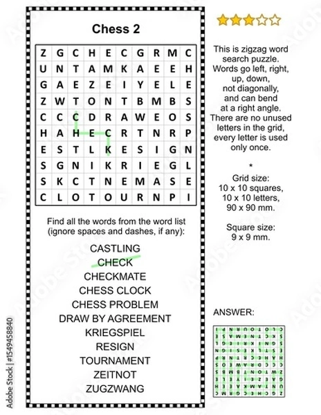 Fototapeta Chess game themed zigzag word search puzzle 2 (suitable both for kids and adults). Answer included.
