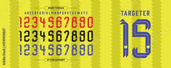 Fototapeta Targeter 15: A vintage sport number concept with bold inline style. Classic jersey look in red, yellow, and blue. Ideal for team designs, apparel, and retro sport branding.