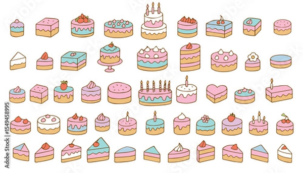 Fototapeta Set of colorful bright cakes, cupcakes. Doodle style. Colorful cakes for International Cake Day and birthday. Vector illustration on white background. Vector 