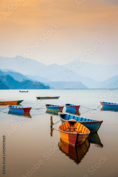 Obraz Colourful boats on Pokhara lake side in Nepal.