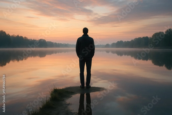 Fototapeta Solitary man on lakeside sandbar at pastel sunrise reflects on life choices as calm water mirrors sky, serene contemplative moment, generative AI