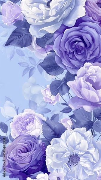 Fototapeta Seamless digital illustration of roses and peonies in soft purples and whites, ideal for elegant backgrounds, wallpapers, or textile design.