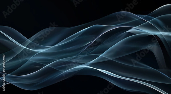 Fototapeta Elegant translucent blue light waves flow smoothly across a dark background, creating a modern abstract digital energy or motion concept.