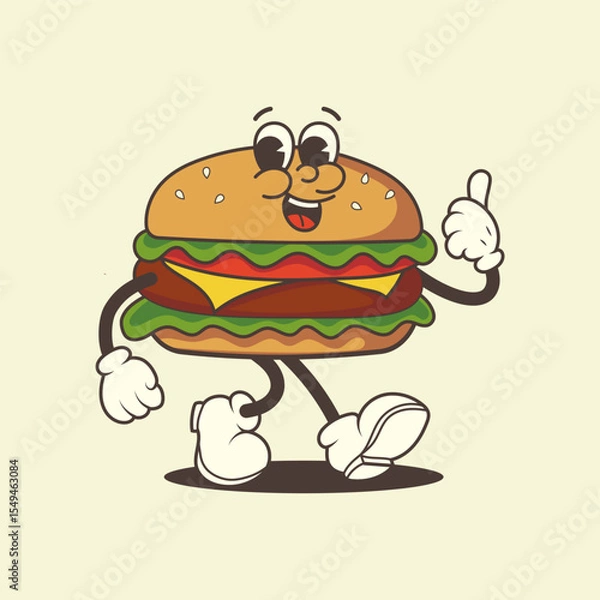 Obraz Retro burger mascot with happy face. Vintage vector character for fast food, diner branding and nostalgic design