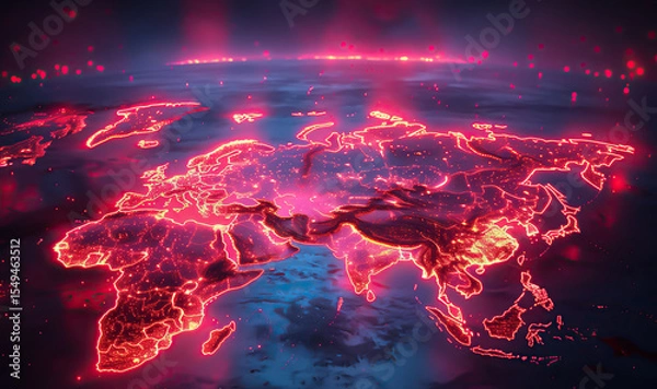 Fototapeta Futuristic world map view with red neon borders and data points highlighting global connectivity across Asia, Europe, and Africa.