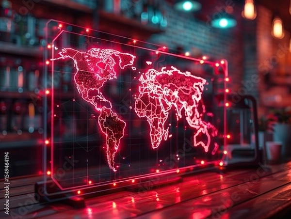 Fototapeta A digital world map with bright red neon lights is displayed on a transparent screen, symbolizing global technology and connectivity.
