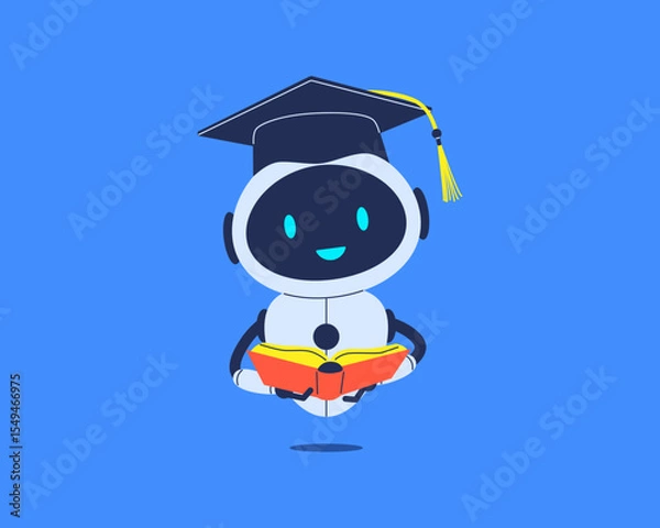 Obraz Smiling robot in graduation cap with book. Vector illustration for education, AI assistant or student chatbot