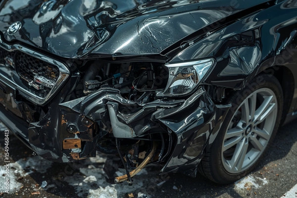 Obraz Black Car with Front-End Damage After Accident for Car Insurance and Accident Prevention Campaigns