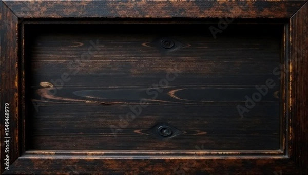 Fototapeta Geometric lines etched deeply into dark wood frame, craft, texture