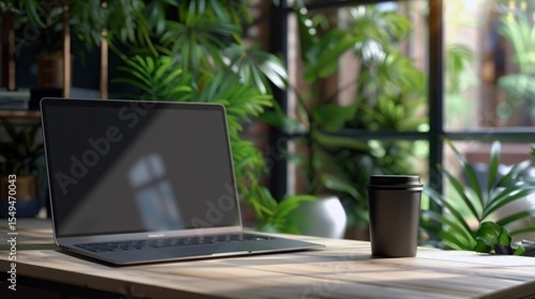 Fototapeta Sustainable and inspiring home office workspace featuring a laptop, reusable cup, notepad, and abundant indoor green plants.