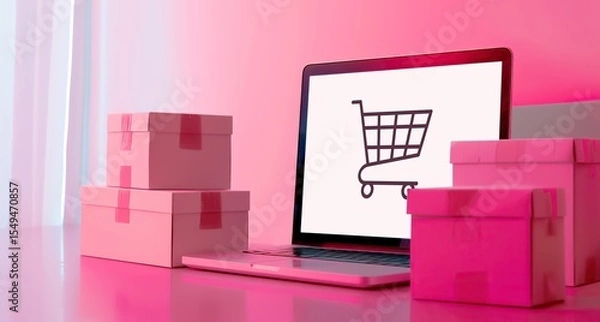 Fototapeta Bright pink-themed image of a laptop showing a shopping cart icon, surrounded by multiple delivery or gift boxes on a desk.