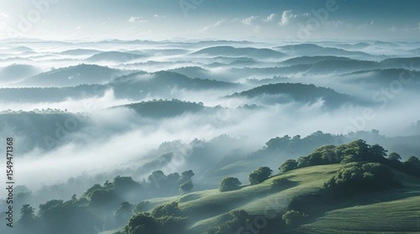 Fototapeta Rolling green mountain landscapes with lush trees in the distance. Majestic, misty hills scenery in the early morning light.