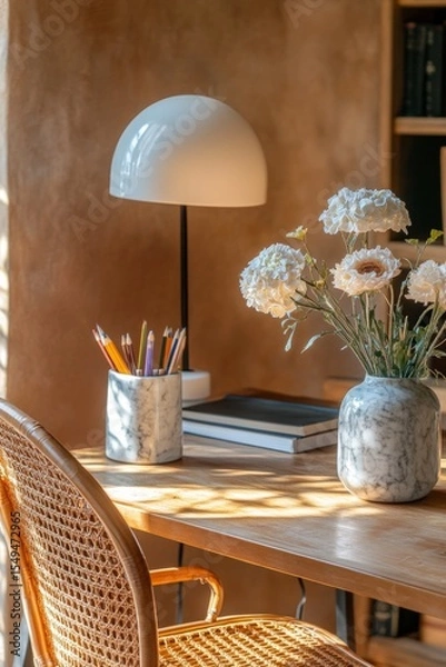 Fototapeta A well-lit office space featuring a wooden desk, chair, books, and decorative elements such as flowers in a vase.