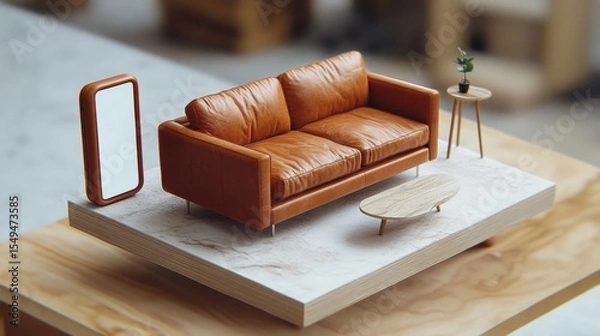 Fototapeta Miniature model of leather sofa, coffee table, and side tables on wooden base.
