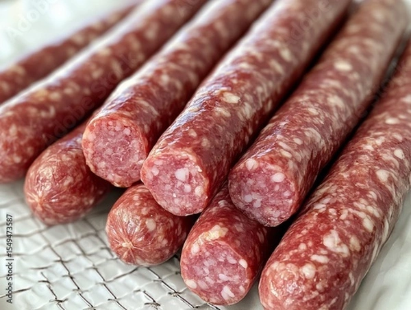 Fototapeta Sausage links, cooked and sliced ready for serving.