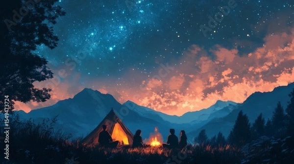 Fototapeta Camping under a Starry Sky with a Group of Friends Sitting Around a Campfire