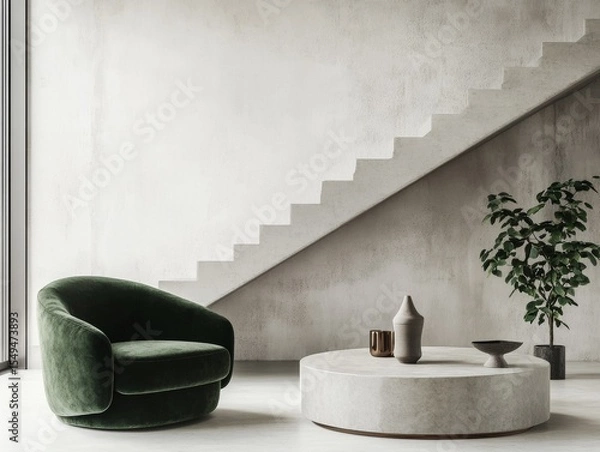 Fototapeta A contemporary living room with minimalistic design featuring a green velvet armchair, round coffee table, and floating stairs.