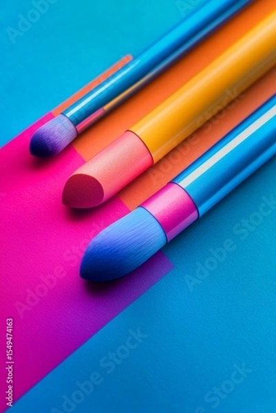 Fototapeta Colorful art supplies on a multicolored background.