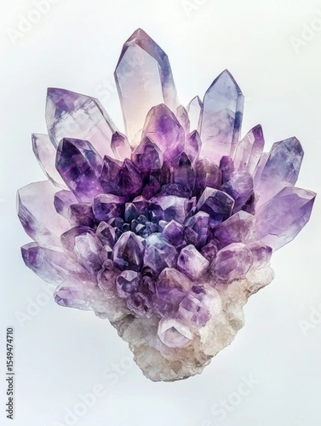 Fototapeta Purple amethyst crystal geode surrounded by clear quartz crystals in a transparent vase.
