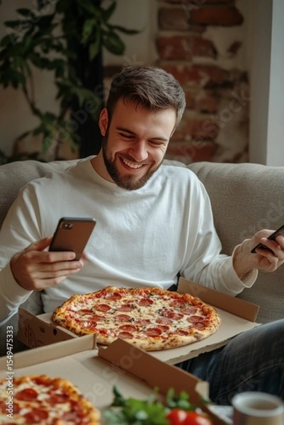 Fototapeta Smiling man seated on couch, holding cell phone and pizza boxes open. Indoors. Casual. Technology used for ordering food.