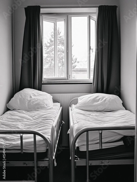 Fototapeta Two beds in a hospital room, side by side with curtains and window view. Black and white photograph.