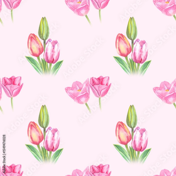 Fototapeta  Charming watercolor tulip pattern on a soft pink background. Features a variety of pink tulip arrangements in full bloom and bud form. Perfect for feminine and spring-themed projects.