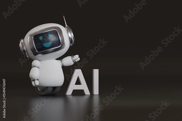 Obraz Cute happy robot with AI text on dark background with copy space. 3d illustration.
