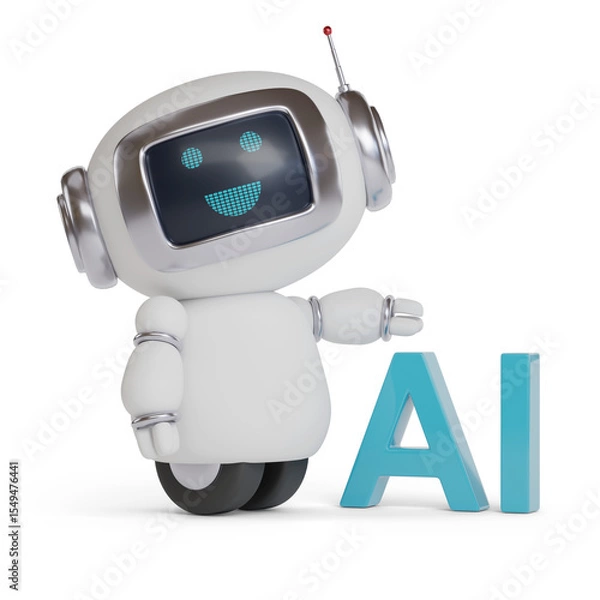 Obraz Cute happy robot with AI text isolated on white background. 3d illustration.