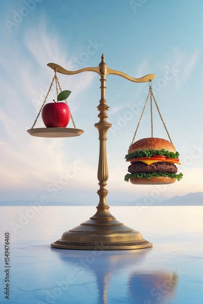Fototapeta classic scales with bowls with apple and hamburger, food concept, digestion and healthy eating