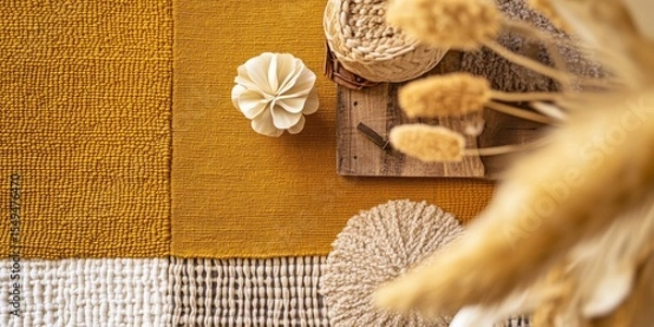 Fototapeta Wicker, linen, silk, and embroidery fabrics in a natural setting.
