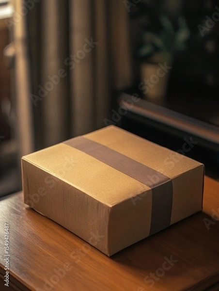 Fototapeta Brown leather wrapped box with brown ribbon on top, sitting on a wooden table in a room.