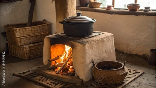 Obraz Traditional clay stove with flames licking under a pot — rustic, cultural warmth