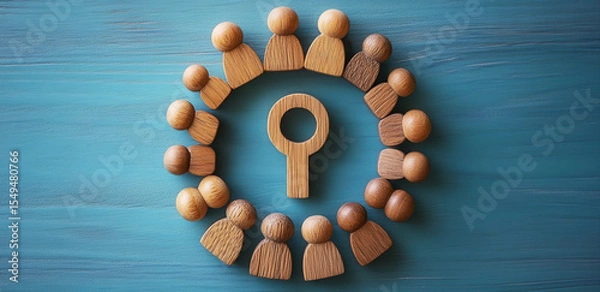 Fototapeta Wooden figures arranged in a circle, a keyhole in the center