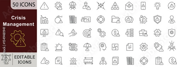 Fototapeta Crisis Management Line Icons: Risk, Emergency, Strategy & Business Continuity Vectors. Editable Stroke 